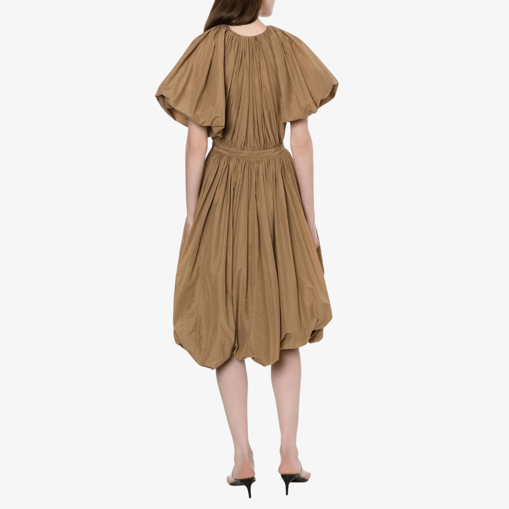 Philosophy di Lorenzo Serafini Short Nylon Dress in Beige. International luxury asymmetric hem midi dress available at Riada Concept Woollahra, Sydney Australia and online