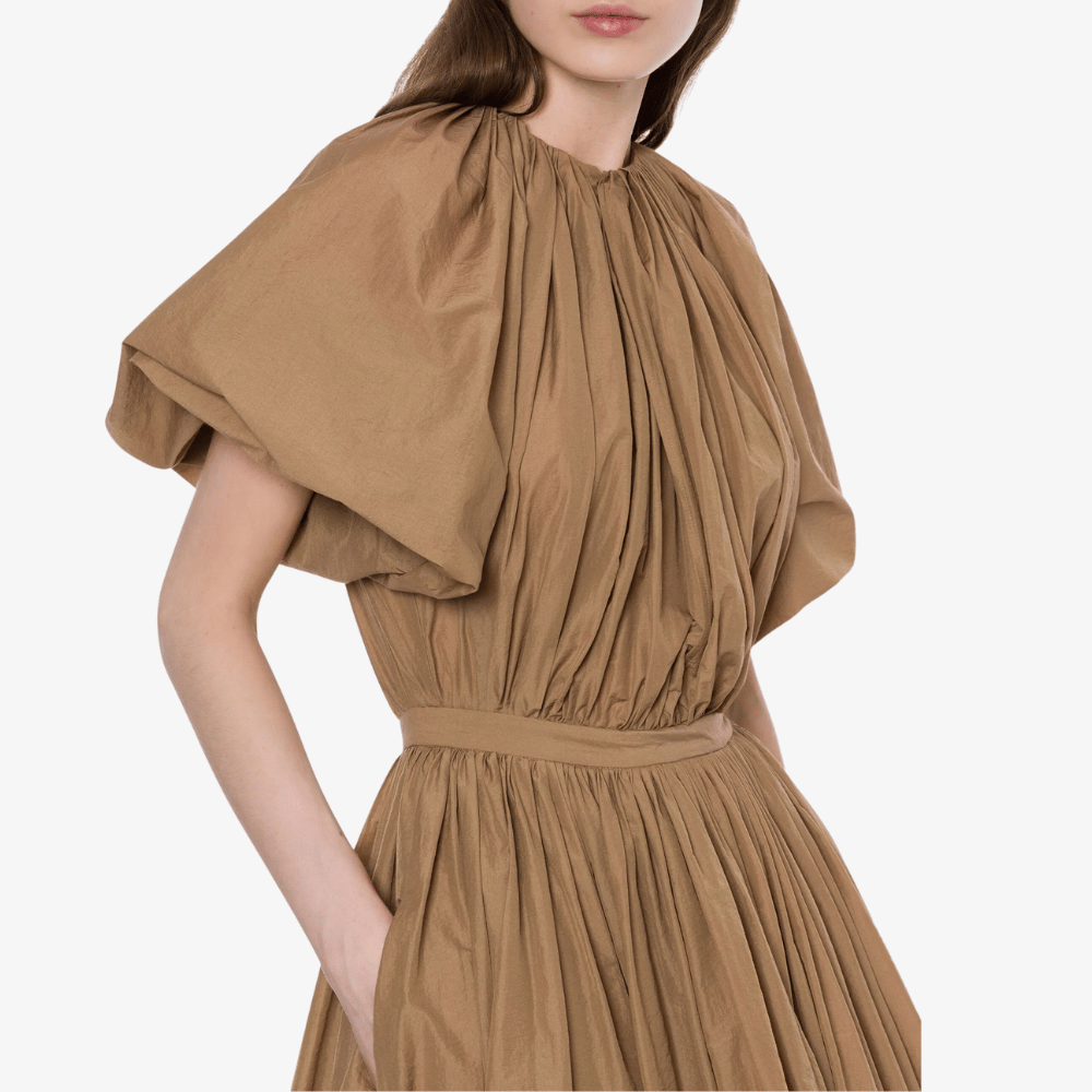 Philosophy di Lorenzo Serafini Short Nylon Dress in Beige. International luxury asymmetric hem midi dress available at Riada Concept Woollahra, Sydney Australia and online