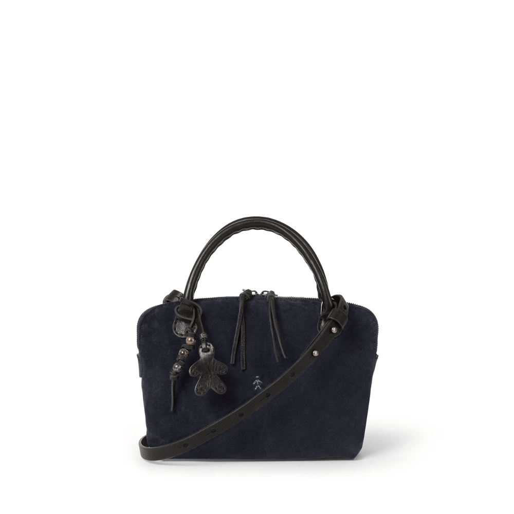 Henry Beguelin Suede Imbuto Medium Bag in Nero – Italian handcrafted suede handbag with leather handle, detachable strap, and two-way zip closure, embodying quiet luxury Riada Concept Sydney Australia official stockist international luxury brands