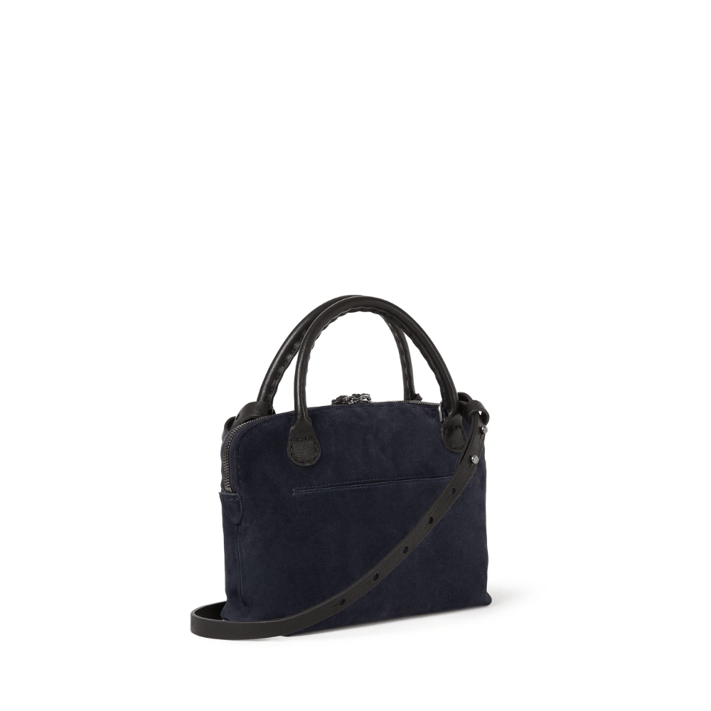 Henry Beguelin Suede Imbuto Medium Bag in Nero – Italian handcrafted suede handbag with leather handle, detachable strap, and two-way zip closure, embodying quiet luxury Riada Concept Sydney Australia official stockist international luxury brands