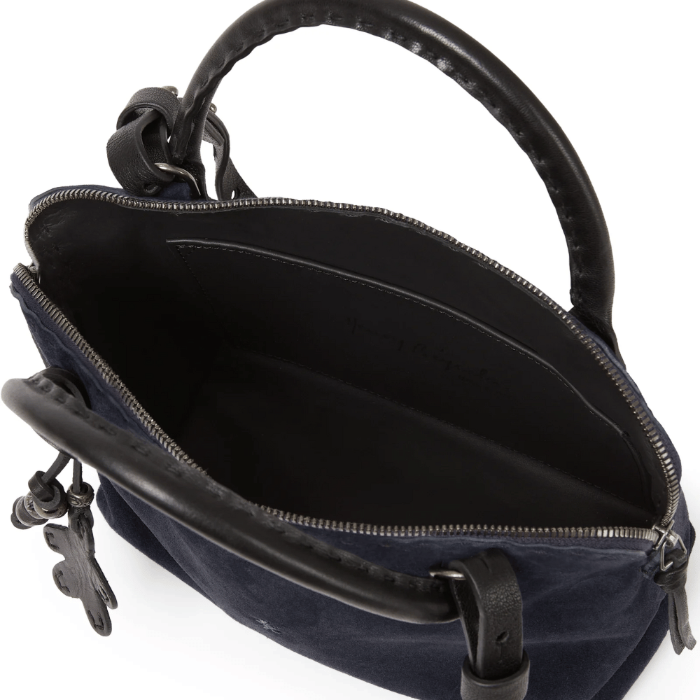 Henry Beguelin Suede Imbuto Medium Bag in Nero – Italian handcrafted suede handbag with leather handle, detachable strap, and two-way zip closure, embodying quiet luxury Riada Concept Sydney Australia official stockist international luxury brands