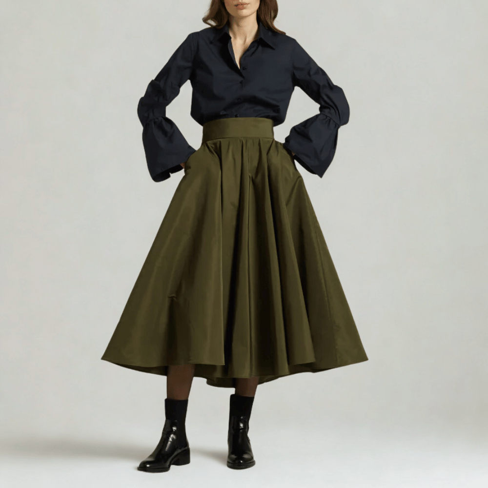 Sara Roka Tabba Midi Skirt in Dark Olive international luxury fashion brands and labels available at Riada Concept Woollahra, Sydney Australia and online