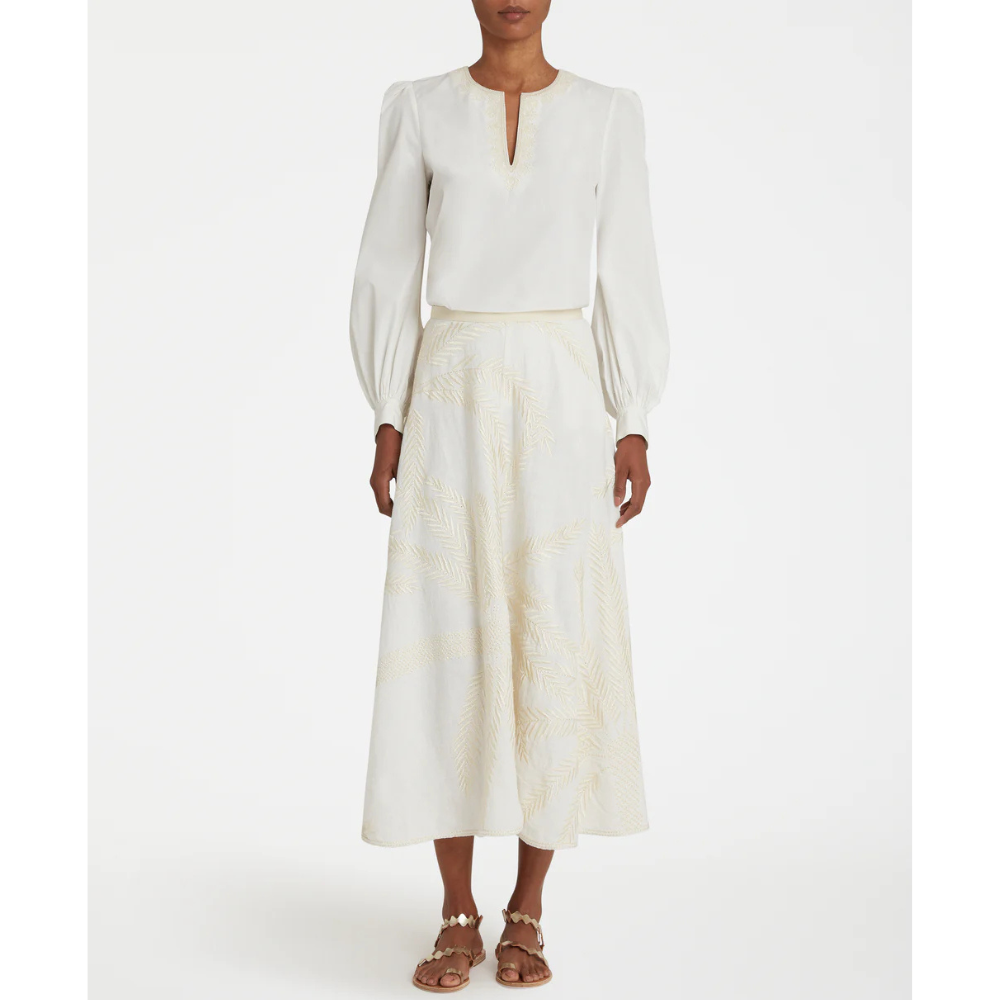 Tasha 3 Palm Embroidery Skirt in White