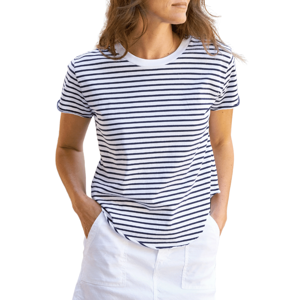 Frank & Eileen Theo Perfect Tee in Navy White Stripe Shop Frank & Eileen online in Australia at Riada Concept – official stockist of Frank & Eileen shirts, dresses, and linen pants. Discover timeless, premium women's fashion with fast shipping from Sydney.