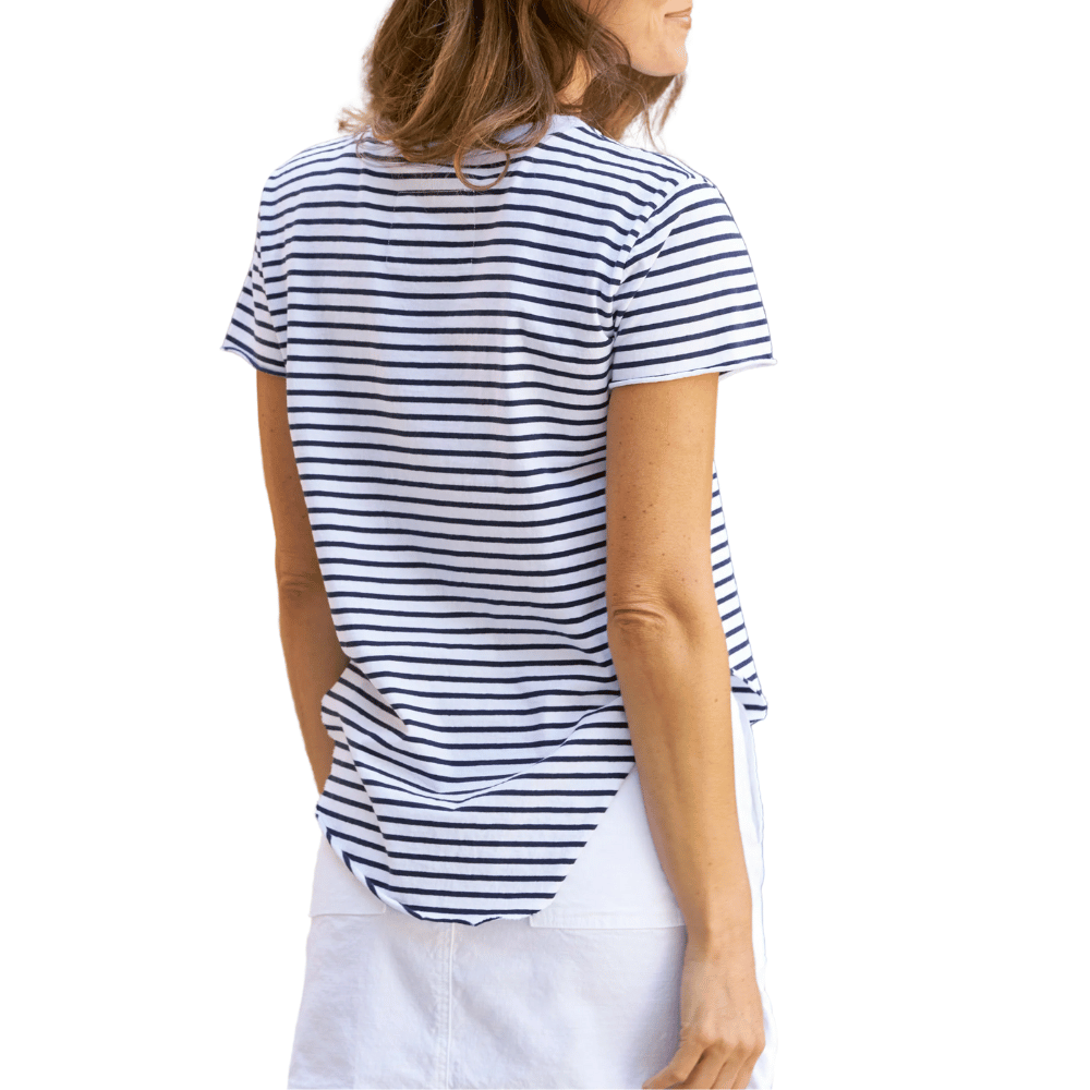 Frank & Eileen Theo Perfect Tee in Navy White Stripe Shop Frank & Eileen online in Australia at Riada Concept – official stockist of Frank & Eileen shirts, dresses, and linen pants. Discover timeless, premium women's fashion with fast shipping from Sydney.