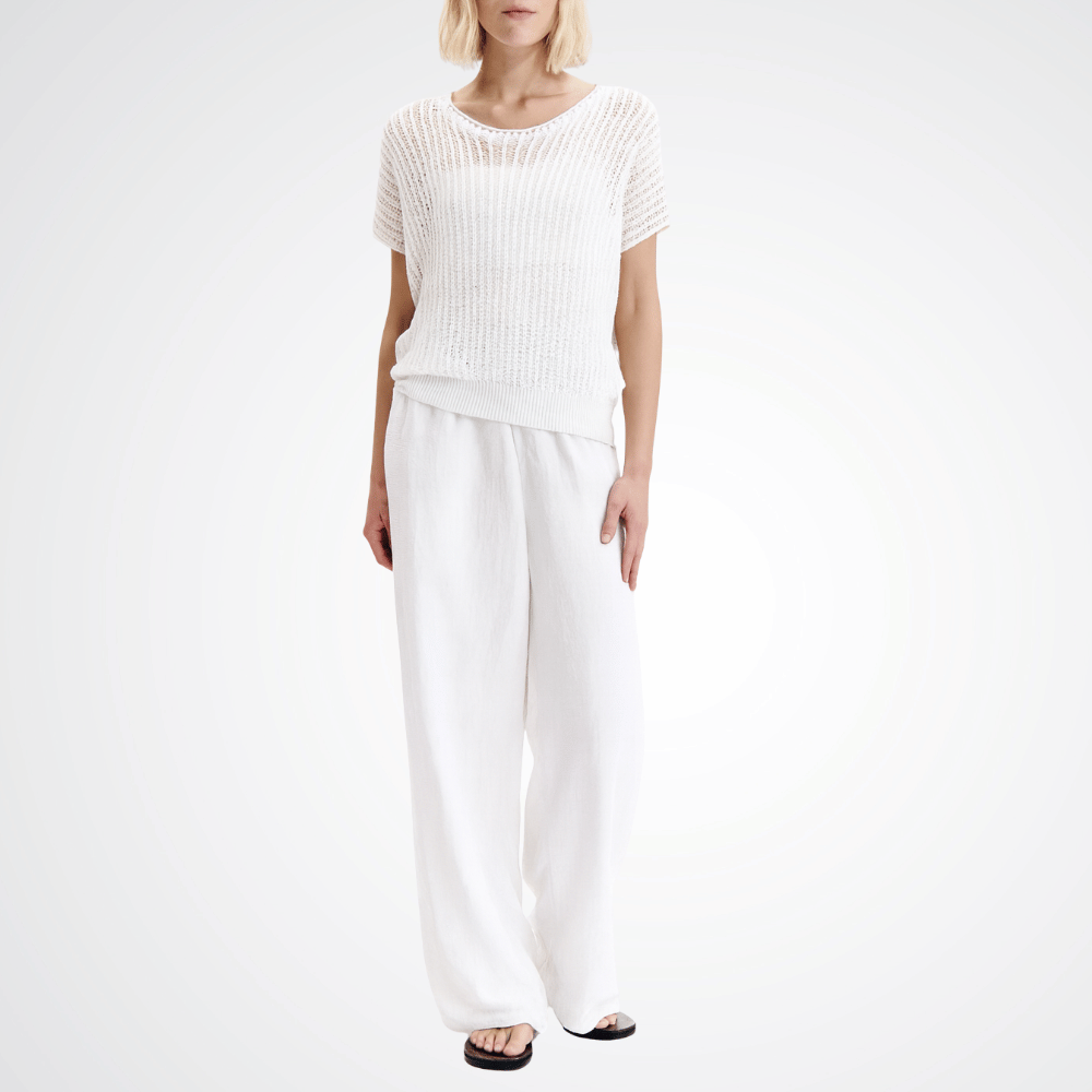 Transit Par Such Knit Top in White — Italian-made open rib-knit short-sleeve top in lightweight cotton-linen blend, relaxed fit with round neckline, available at Riada Concept Woollahra Transit Par Such at Riada Concept Designer fashion shop online and in store High End fashion boutique Sydney Australia Riada Concept