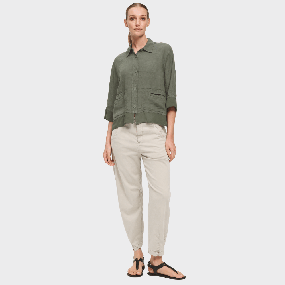 Transit Par Such Linen Georgette Trim Shirt Jacket in Green - full front view