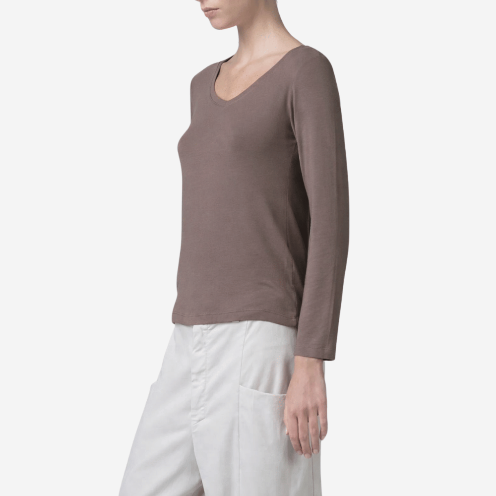 Transit Par Such Modal V-Neck Long-Sleeve Top in Taupe – International designer fashion boutique Australia Riada Concept Woollahra 1016.CFDTRBI180.31