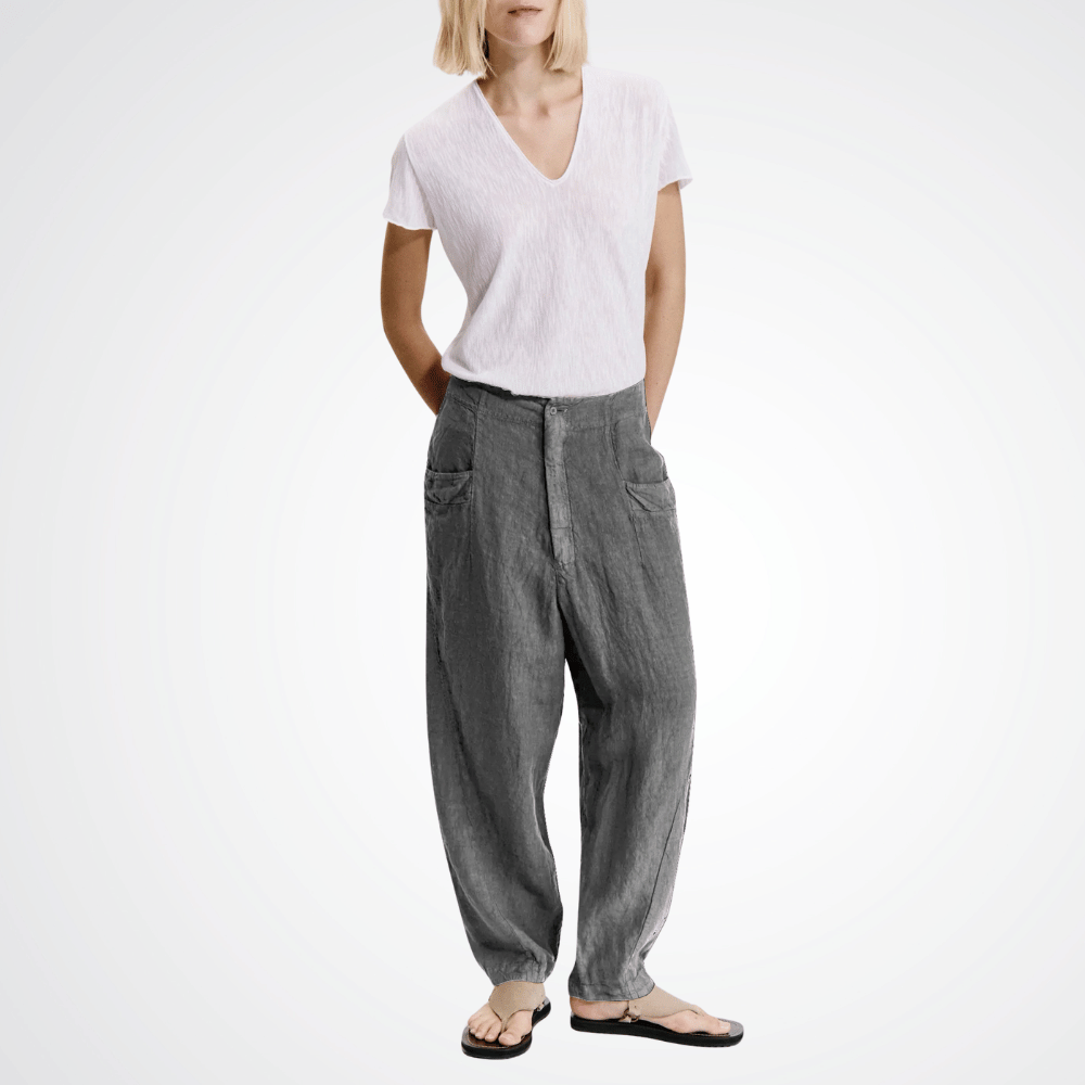 TRANSIT PAR SUCH Linen Relaxed Ergonomic-Cut Pants in Mud Grey D131 Transit Par Such at Riada Concept Designer fashion shop online and in store High End fashion boutique Sydney Australia Riada Concept