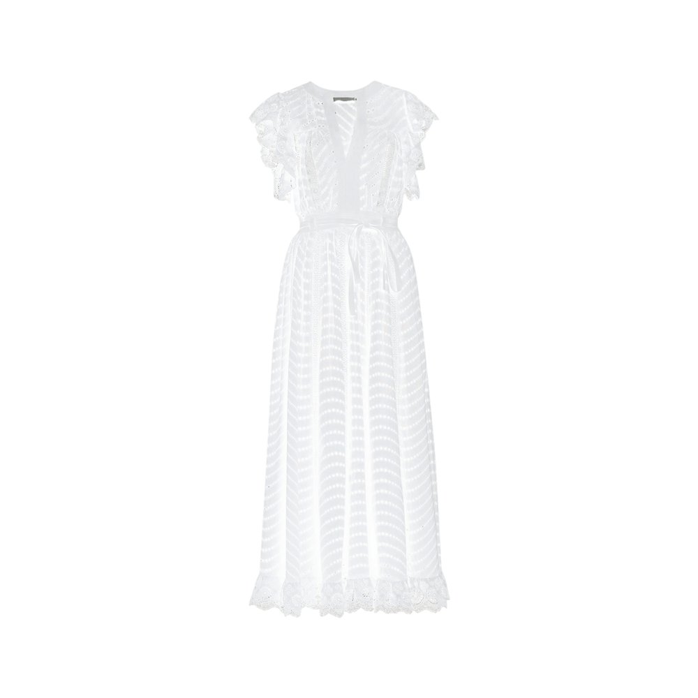 Ulla Johnson Olga Flutter Sleeve Midi Dress in Pristine – luxury white cotton eyelet midi dress with lace inserts and scalloped flutter sleeves, Available instore and online at Riada Concept, Woollahra — Sydney’s destination for a curated selection of international luxury brands