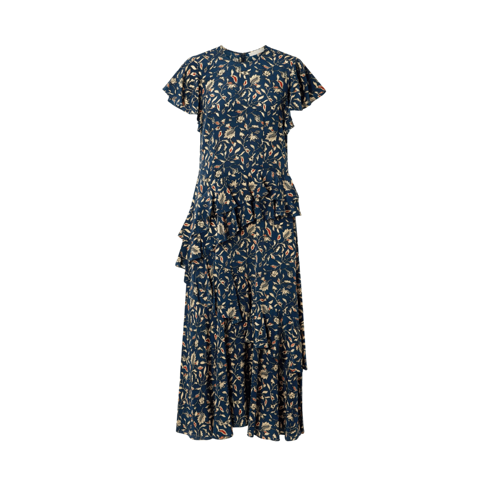 Ulla Johnson Amaia Cascading Ruffle Midi Dress in Midnight Garden Ulla Johnson designer skirts, international luxury fashion boutique Australia Riada Concept Woollahra