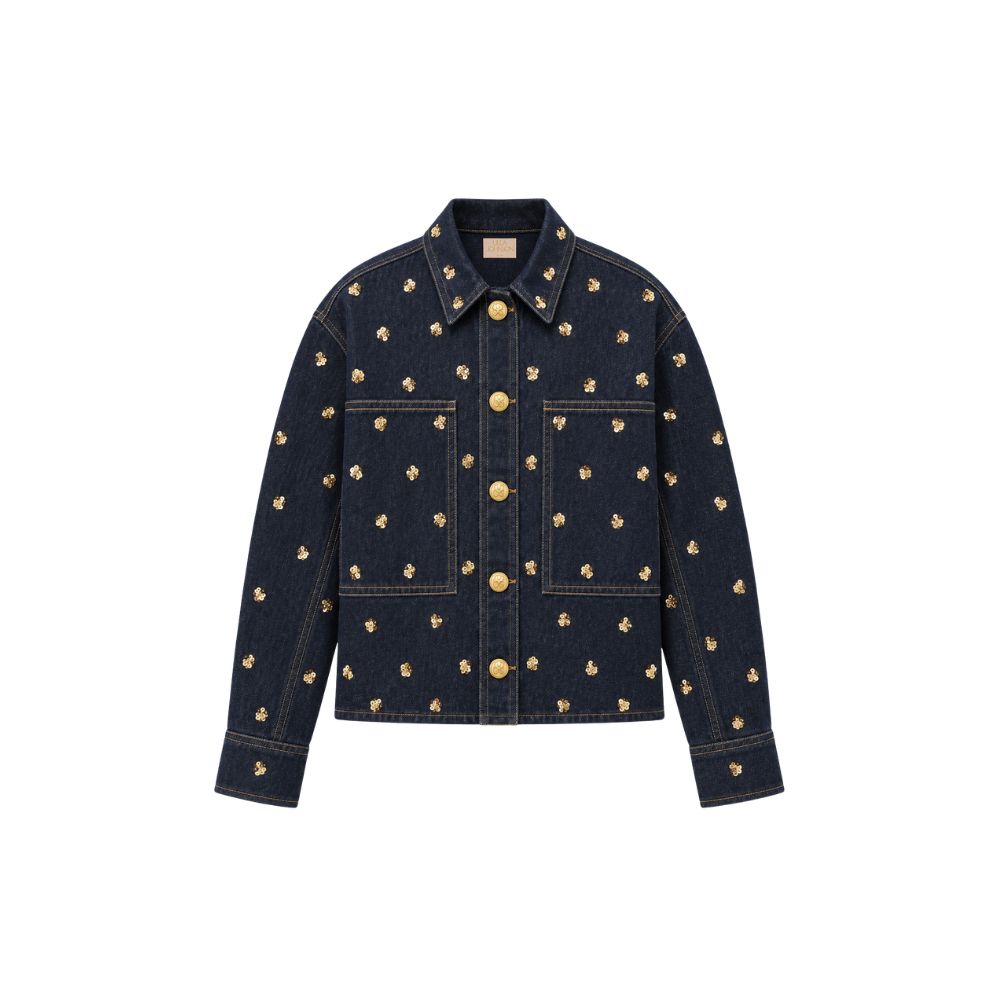 Riada Concept Ulla Johnson Bobbi dark indigo denim jacket embellished with gold sequinned flowers and gold-tone buttons