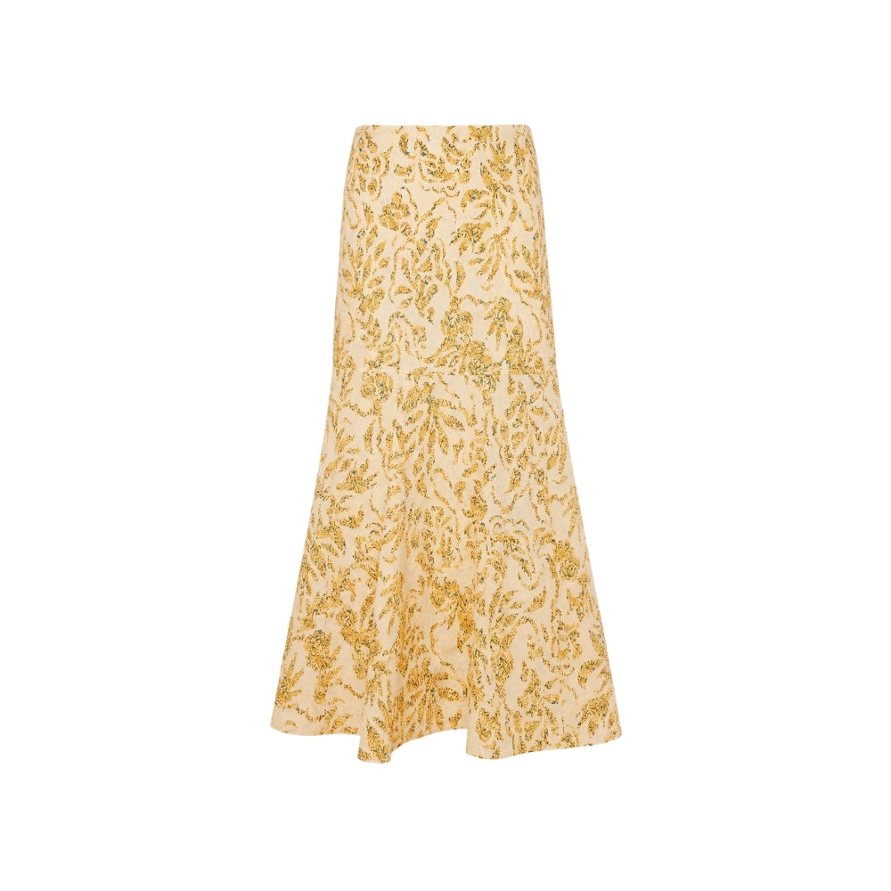 Riada Concept Ulla Johnson Clarisse high-waisted cotton poplin trumpet midi skirt in a pale yellow print