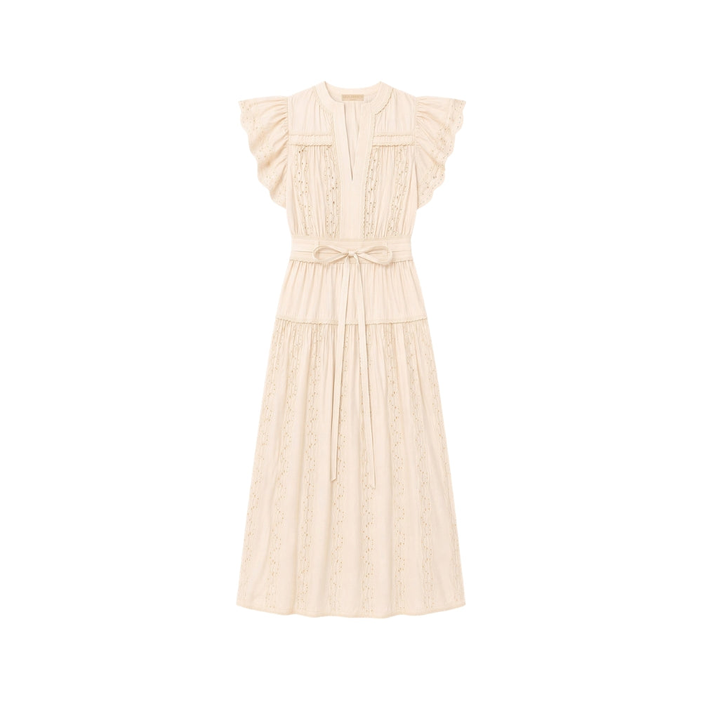 Riada Concept Ulla Johnson Dani ivory cotton poplin midi dress with eyelet embroidery, flutter sleeves and a belted waist