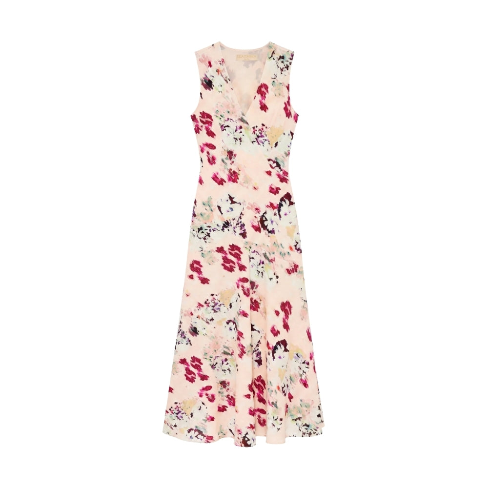 Shop Ulla Johnson Elowen in Summer Garden, a floral silk crepe de chine midi dress with V-neckline, bias cut and body-skimming fit at Riada Australia.