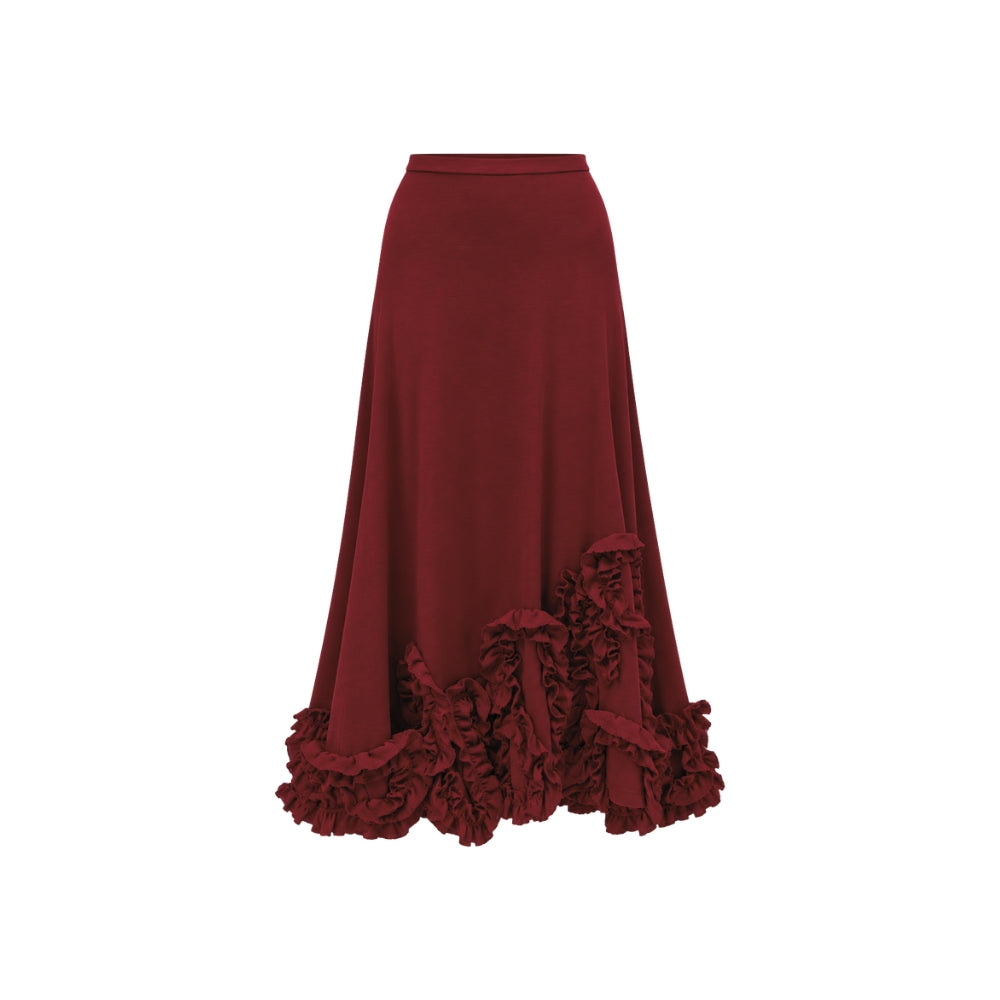 Riada Concept Ulla Johnson Heloise high-waisted wool jersey midi skirt in deep red, with ruffles at the hem