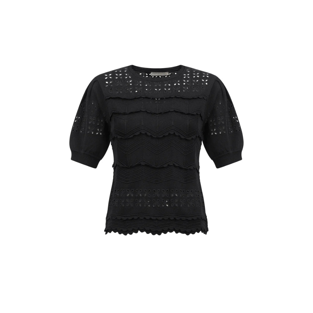 Ulla Johnson Marcelena Eyelet Knit Short Sleeve Top in Noir – International designer fashion boutique Australia Riada Concept Woollahra