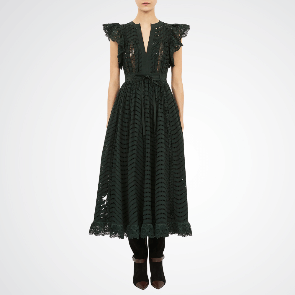 Ulla Johnson Olga Eyelet Flutter-Sleeve Midi Dress in Cypress – luxury cotton eyelet midi dress with V-neck and flutter sleeves, Available instore and online at Riada Concept, Woollahra — Sydney’s destination for a curated selection of international luxury brands