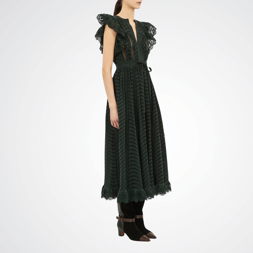 Ulla Johnson Olga Eyelet Flutter-Sleeve Midi Dress in Cypress – luxury cotton eyelet midi dress with V-neck and flutter sleeves, Available instore and online at Riada Concept, Woollahra — Sydney’s destination for a curated selection of international luxury brands
