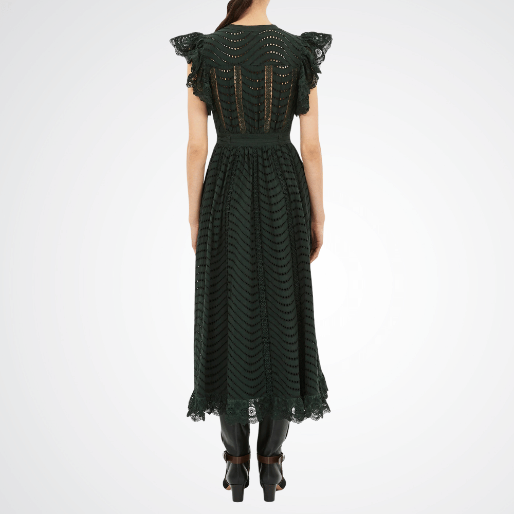 Ulla Johnson Olga Eyelet Flutter-Sleeve Midi Dress in Cypress – luxury cotton eyelet midi dress with V-neck and flutter sleeves, Available instore and online at Riada Concept, Woollahra — Sydney’s destination for a curated selection of international luxury brands