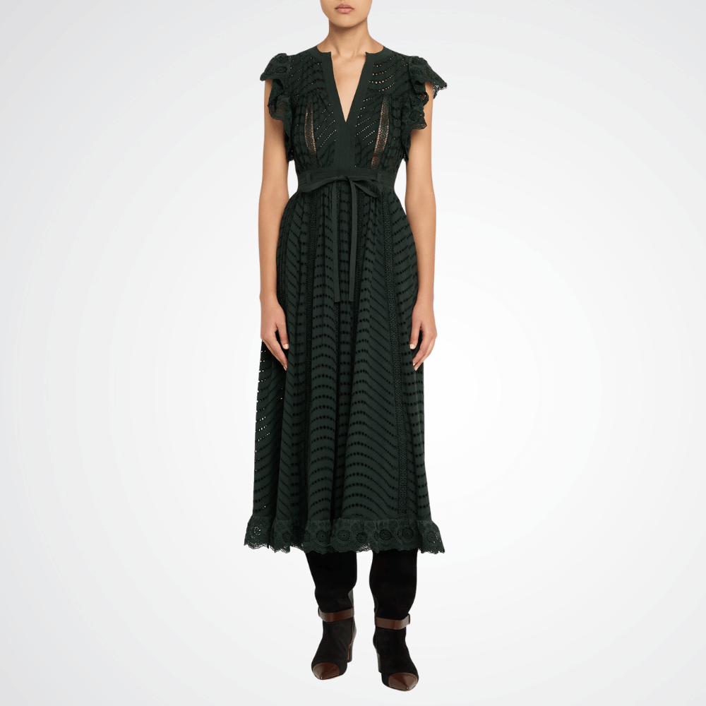 Ulla Johnson Olga Eyelet Flutter-Sleeve Midi Dress in Cypress – luxury cotton eyelet midi dress with V-neck and flutter sleeves, Available instore and online at Riada Concept, Woollahra — Sydney’s destination for a curated selection of international luxury brands