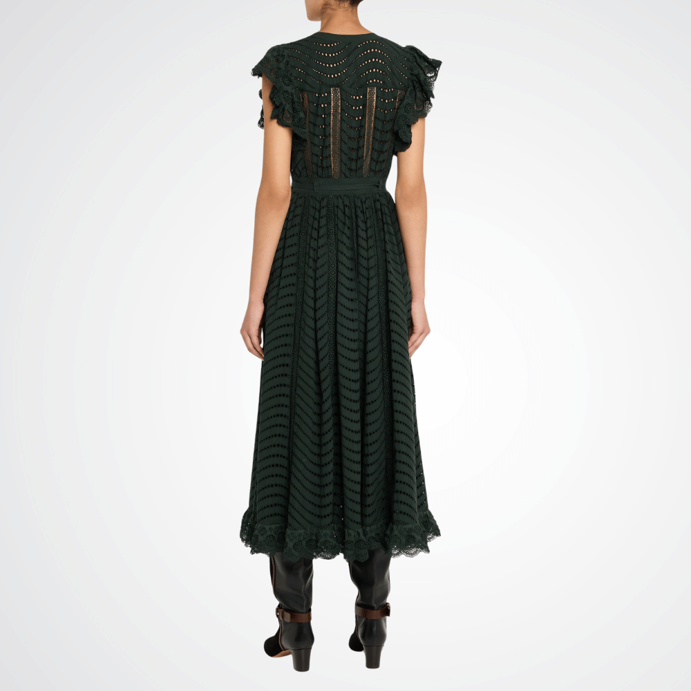 Ulla Johnson Olga Eyelet Flutter-Sleeve Midi Dress in Cypress – luxury cotton eyelet midi dress with V-neck and flutter sleeves, Available instore and online at Riada Concept, Woollahra — Sydney’s destination for a curated selection of international luxury brands