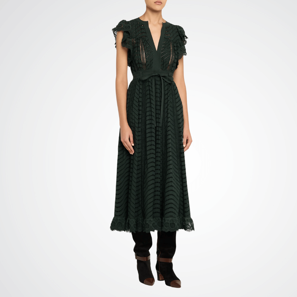 Ulla Johnson Olga Eyelet Flutter-Sleeve Midi Dress in Cypress – luxury cotton eyelet midi dress with V-neck and flutter sleeves, Available instore and online at Riada Concept, Woollahra — Sydney’s destination for a curated selection of international luxury brands