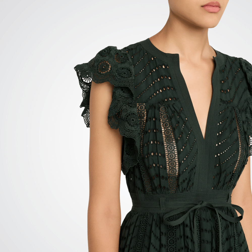 Ulla Johnson Olga Eyelet Flutter-Sleeve Midi Dress in Cypress – luxury cotton eyelet midi dress with V-neck and flutter sleeves, Available instore and online at Riada Concept, Woollahra — Sydney’s destination for a curated selection of international luxury brands