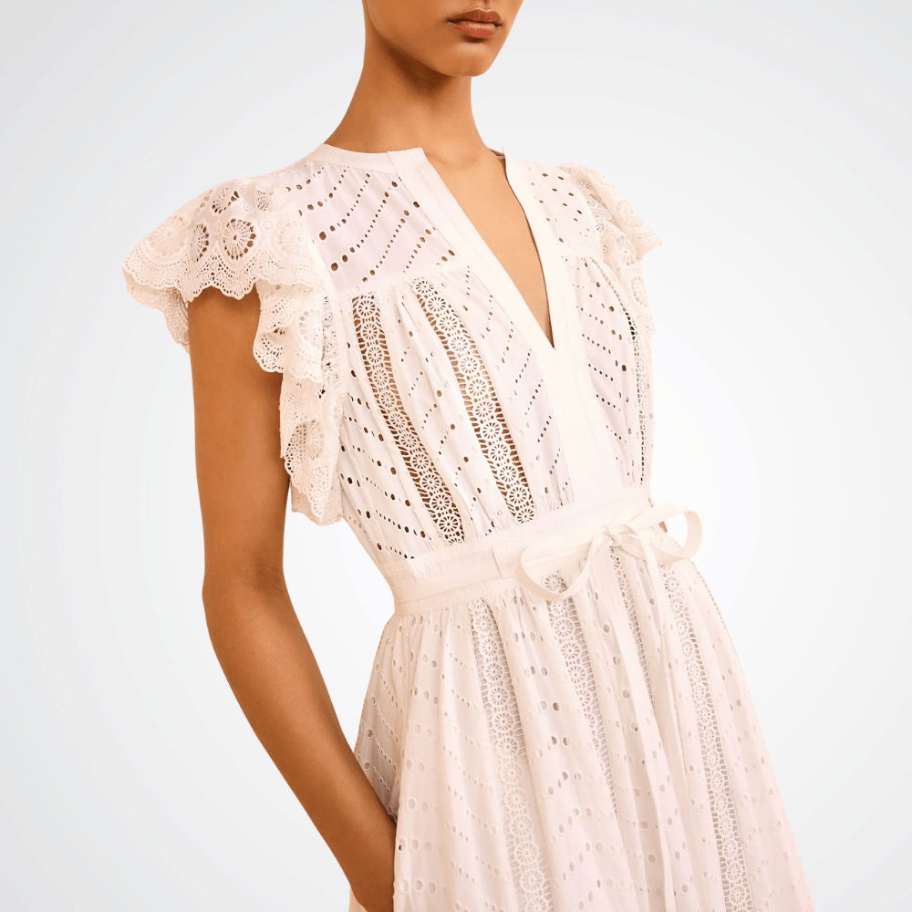 Ulla Johnson Olga Flutter Sleeve Midi Dress in Pristine – luxury white cotton eyelet midi dress with lace inserts and scalloped flutter sleeves, Available instore and online at Riada Concept, Woollahra — Sydney’s destination for a curated selection of international luxury brands