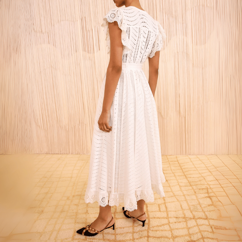 Ulla Johnson Olga Flutter Sleeve Midi Dress in Pristine – luxury white cotton eyelet midi dress with lace inserts and scalloped flutter sleeves, Available instore and online at Riada Concept, Woollahra — Sydney’s destination for a curated selection of international luxury brands