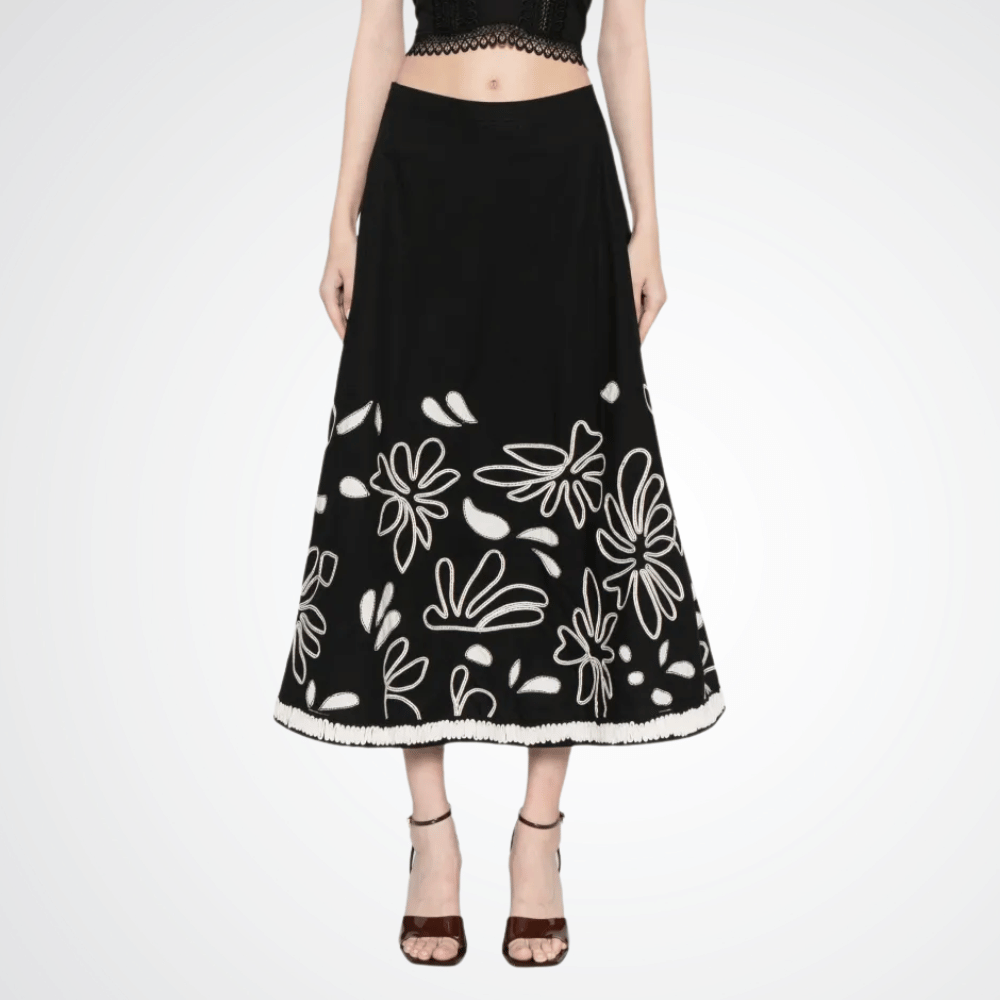 Ulla Johnson Layla Embroidered Midi Skirt in Black ULLA JOHNSON Designer fashion shop online and in store High End fashion boutique Sydney Australia Riada Concept