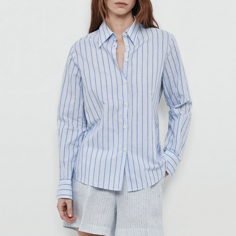 Massimo Alba Woman Long Sleeve Classic Fit Striped Cotton Linen Shirt in Blue MASSIMO ALBA WOMENS Designer fashion shop online and in store High End fashion boutique Sydney Australia Riada Concept