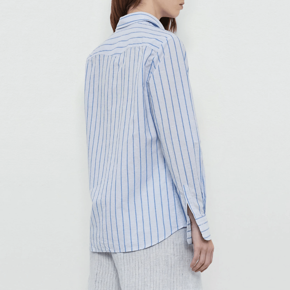 Massimo Alba Woman Long Sleeve Classic Fit Striped Cotton Linen Shirt in Blue MASSIMO ALBA WOMENS Designer fashion shop online and in store High End fashion boutique Sydney Australia Riada Concept