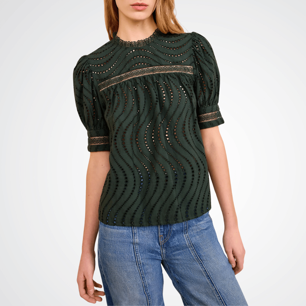 Ulla Johnson Virginia Lace Collar Short Sleeve Blouse in Cypress – luxury green cotton poplin blouse with lace trims and puffed sleeves, Available instore and online at Riada Concept, Woollahra — Sydney’s destination for a curated selection of international luxury brands