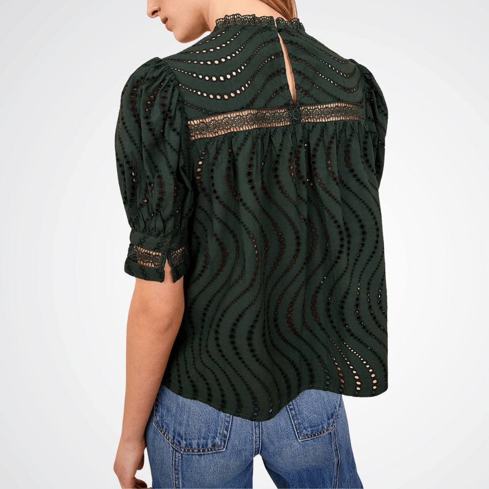 Ulla Johnson Virginia Lace Collar Short Sleeve Blouse in Cypress – luxury green cotton poplin blouse with lace trims and puffed sleeves, Available instore and online at Riada Concept, Woollahra — Sydney’s destination for a curated selection of international luxury brands