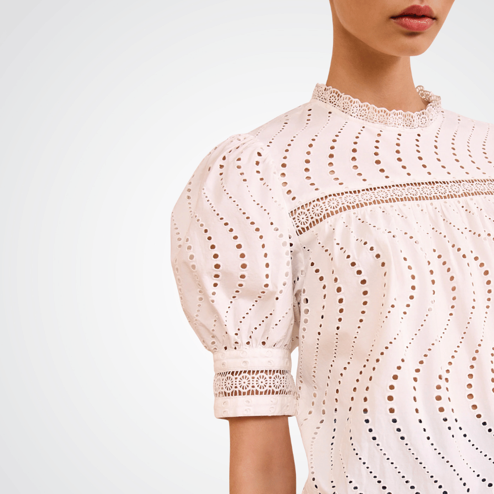 Ulla Johnson Virginia Lace Collar Short Sleeve Blouse in pristine – luxury white cotton poplin blouse with lace trims and puffed sleeves, Available instore and online at Riada Concept, Woollahra — Sydney’s destination for a curated selection of international luxury brands