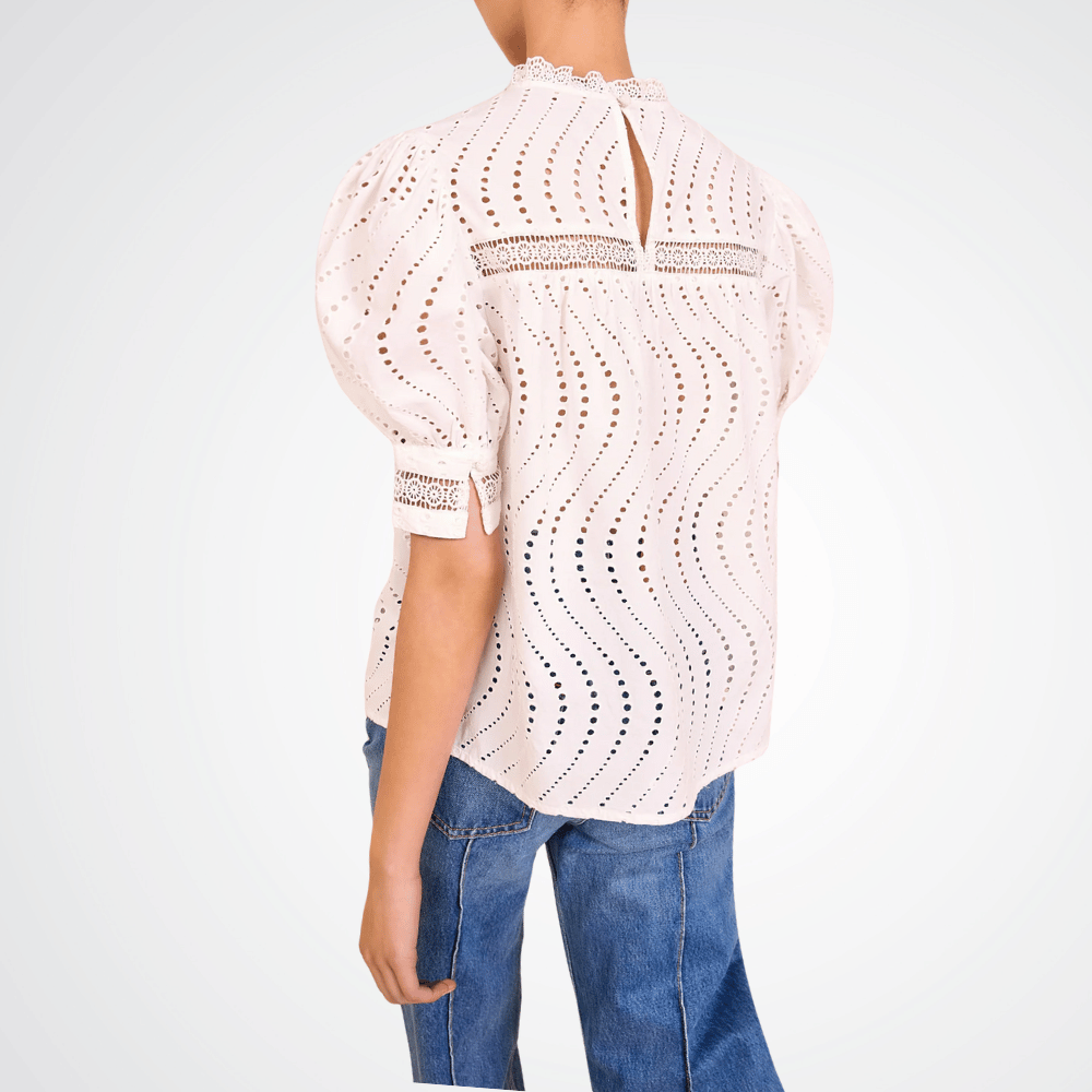 Ulla Johnson Virginia Lace Collar Short Sleeve Blouse in pristine – luxury white cotton poplin blouse with lace trims and puffed sleeves, Available instore and online at Riada Concept, Woollahra — Sydney’s destination for a curated selection of international luxury brands