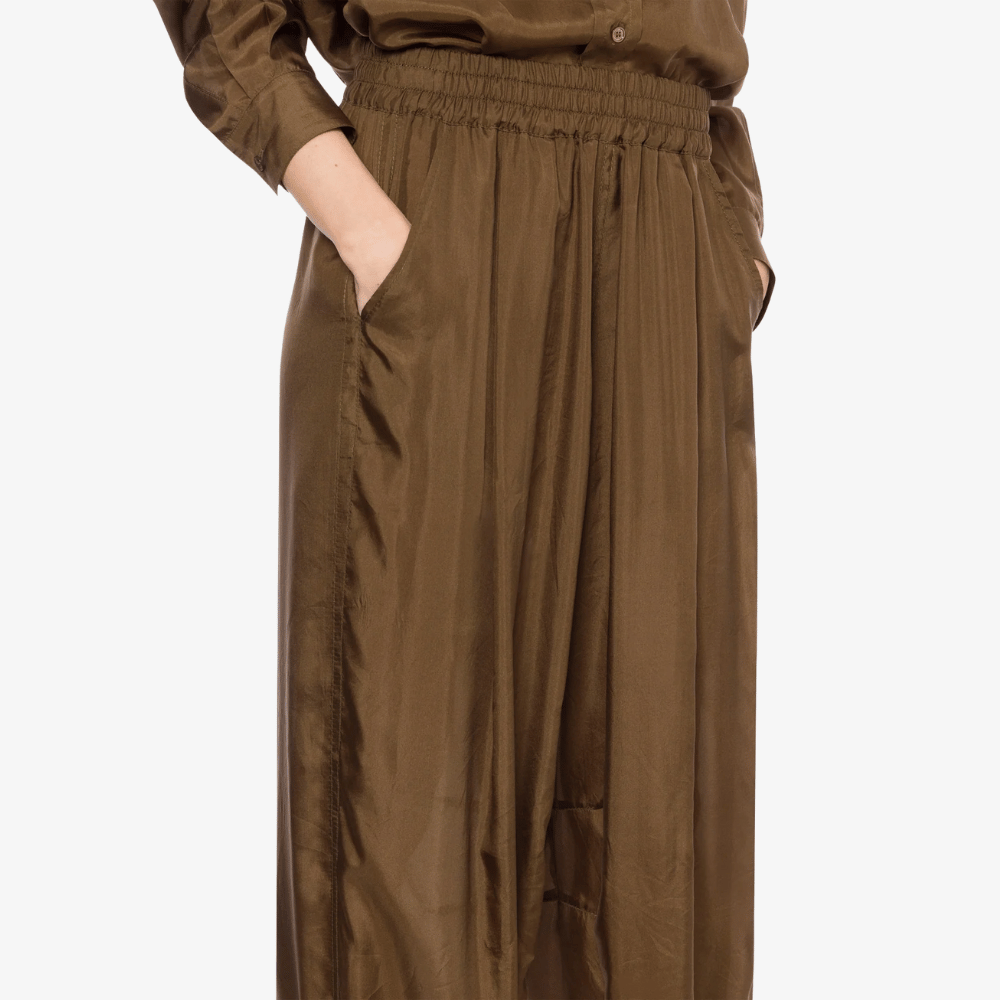 Philosophy di Lorenzo Serafini Washed Habotai tapered Silk Trousers in Brown, international luxury fashion brands pants available at Riada Concept Woollahra, Sydney Australia and online