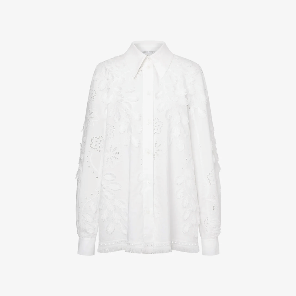 Alberta Ferretti Long Sleeve Relaxed Fit Sangallo Embroidered Shirt in White Alberta Ferretti Australia Stockist Australia Online Riada Concept Luxury Fashion Boutique