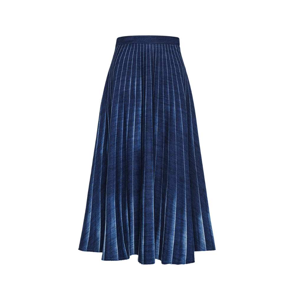 Forte Forte Soleil Pleated Denim Midi Skirt in Vintage Blue FORTE FORTE Designer fashion shop online and in store High End fashion boutique Sydney Australia Riada Concept