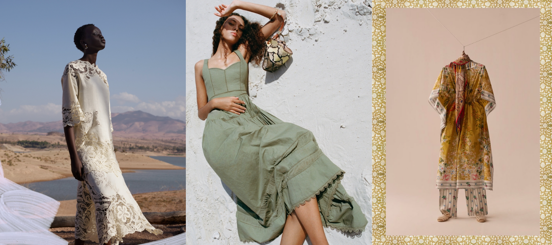 Three fashion outfits displayed against different backdrops: a scenic landscape, a white wall, and a beige background - RIADA CONCEPT SUMMER ESCAPE EDIT SHOP IN STORE AND OLIE AT RIADA CONCEPT INTERNATIONAL DESIGNER FASHION BOUTIQUE