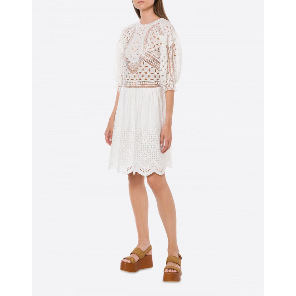 Sangallo Lace Trim Cotton Dress in White