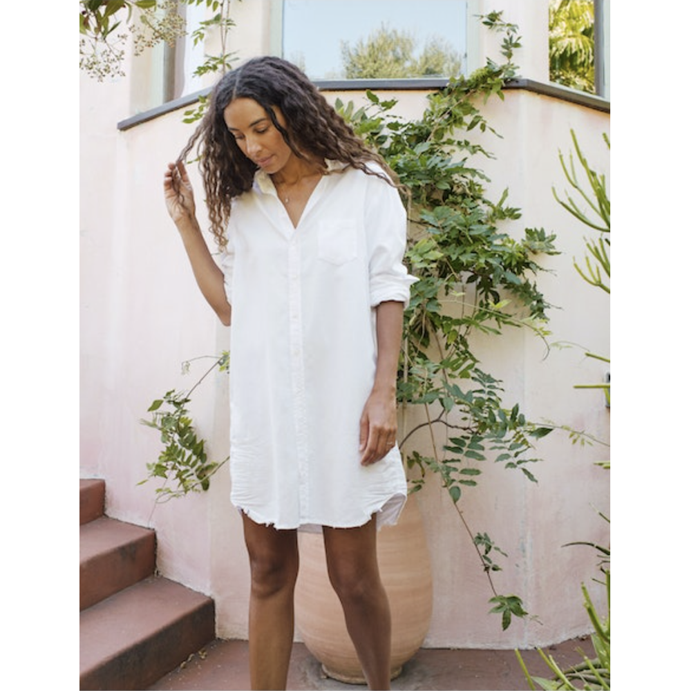 Mary Shirt Dress in White Tattered Denim