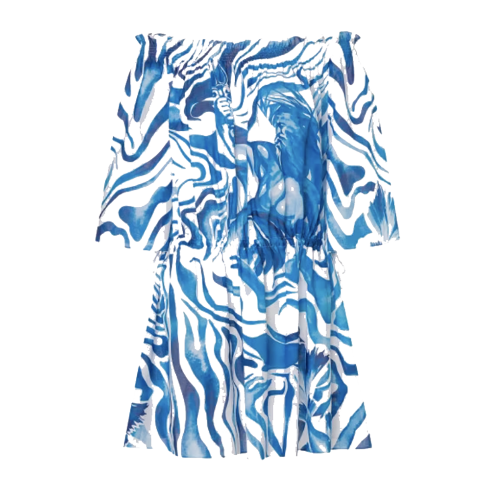 Off Shoulder Printed Mini Dress in Fantasy Print Blue