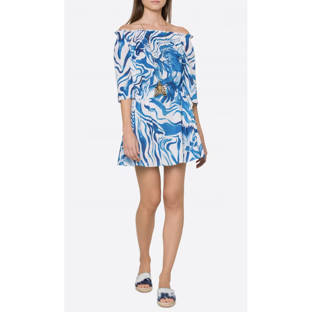 Off Shoulder Printed Mini Dress in Fantasy Print Blue
