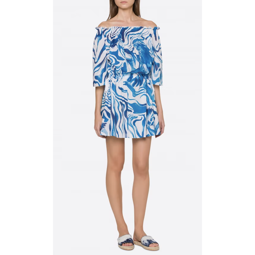 Off Shoulder Printed Mini Dress in Fantasy Print Blue