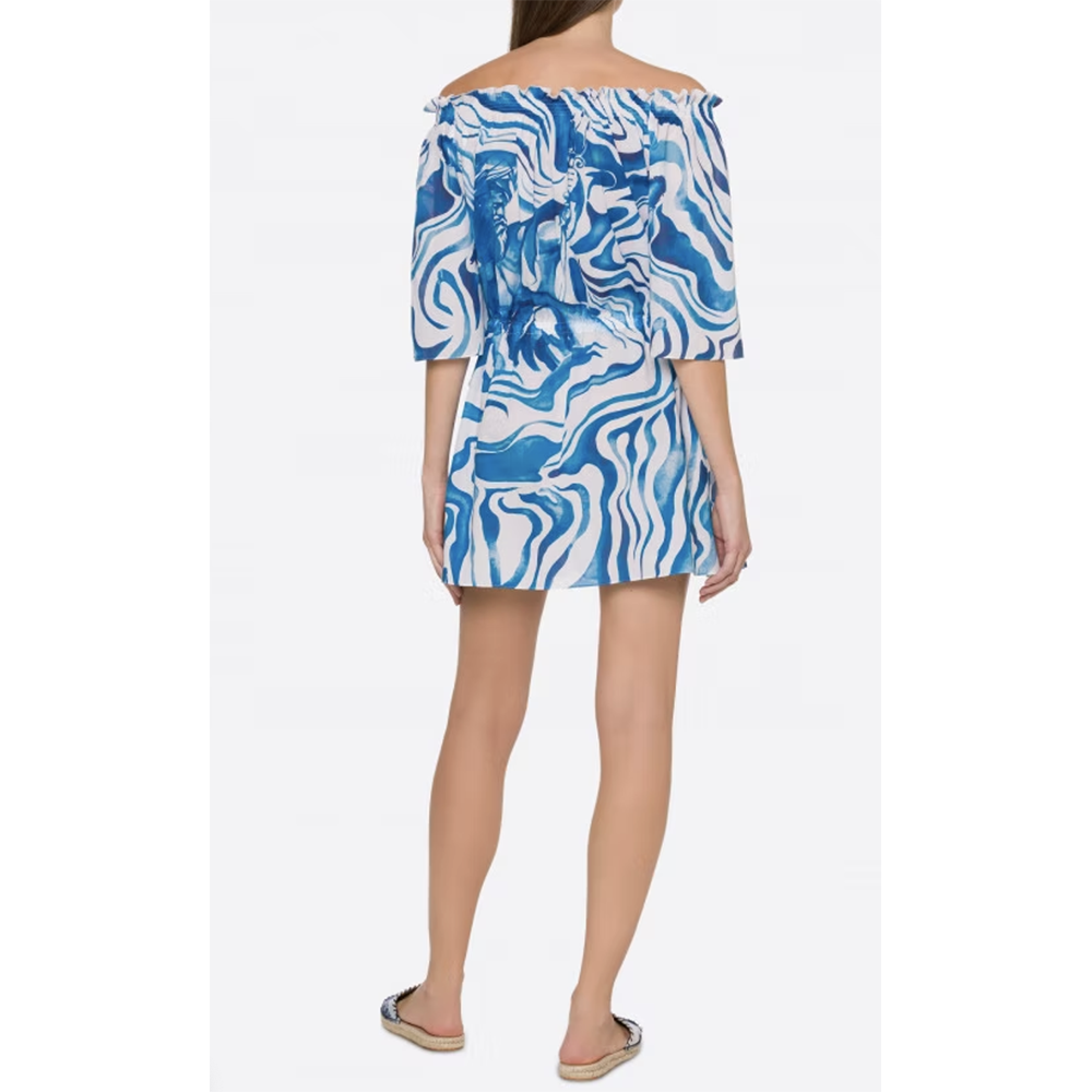 Off Shoulder Printed Mini Dress in Fantasy Print Blue