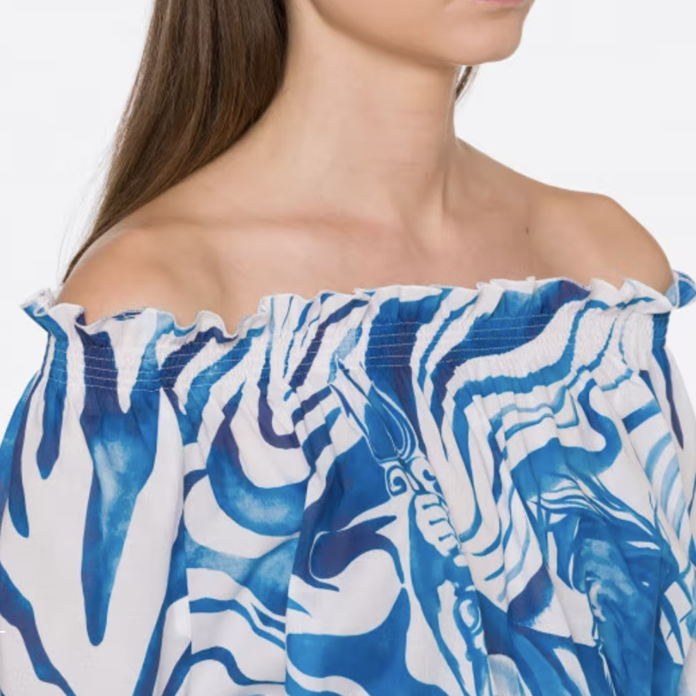 Off Shoulder Printed Mini Dress in Fantasy Print Blue