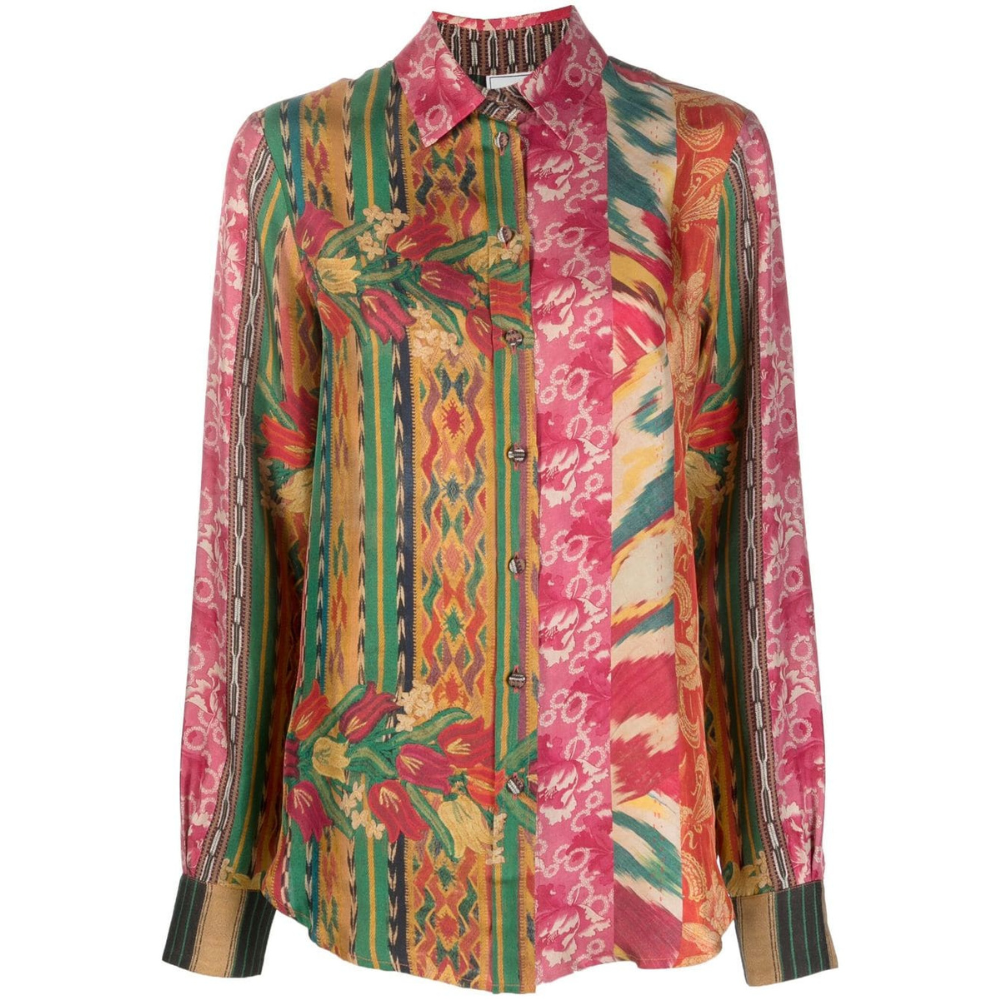 Aloe Silk Long Sleeve Printed Shirt in Red Floral