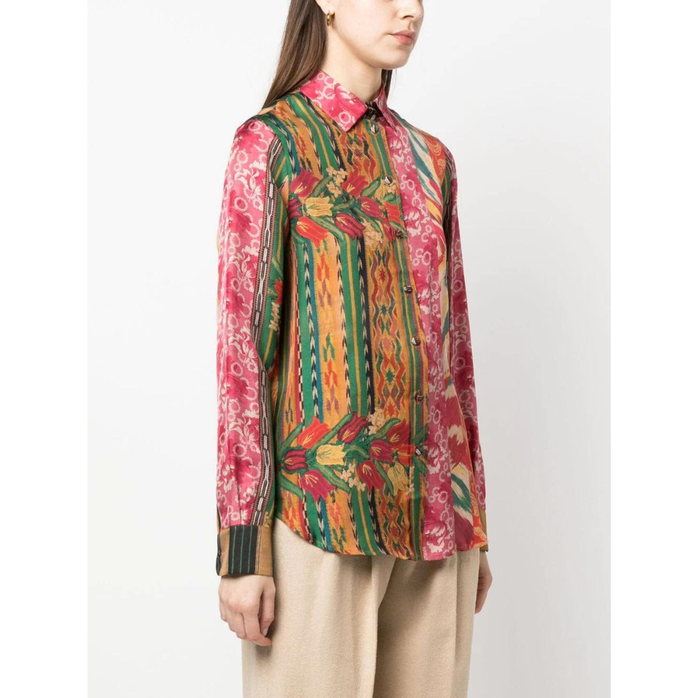 Aloe Silk Long Sleeve Printed Shirt in Red Floral